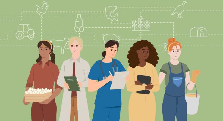 An illustration of women who work in the agriculture and farm animal field. The text on a banner in front of the women says "Women in Agriculture".